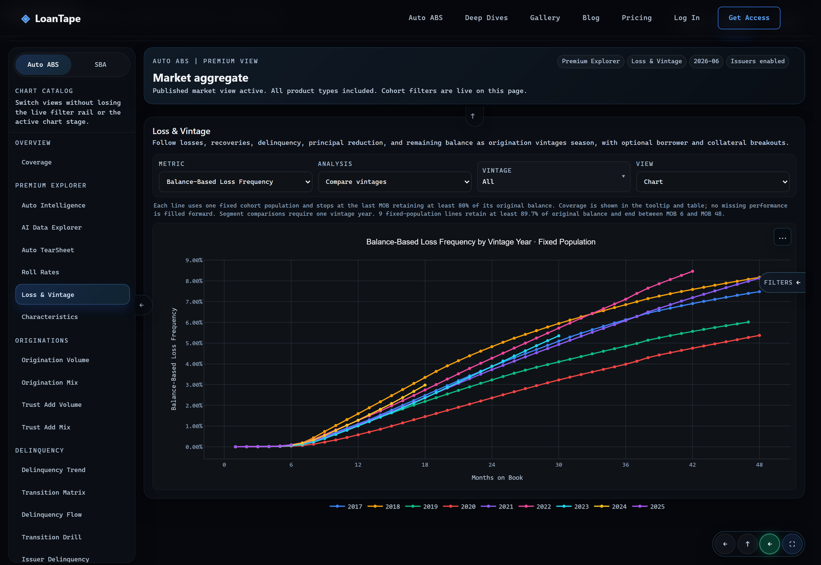 Loss and Vintage page showing balance-based loss frequency curves by vintage year